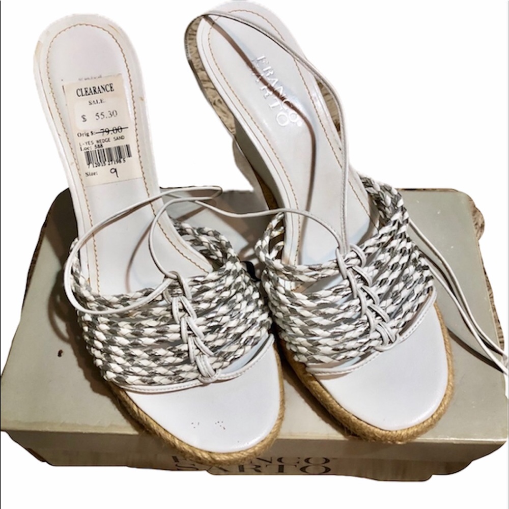 Franco Sarto Yes white and silver open toe ankle tie wedges